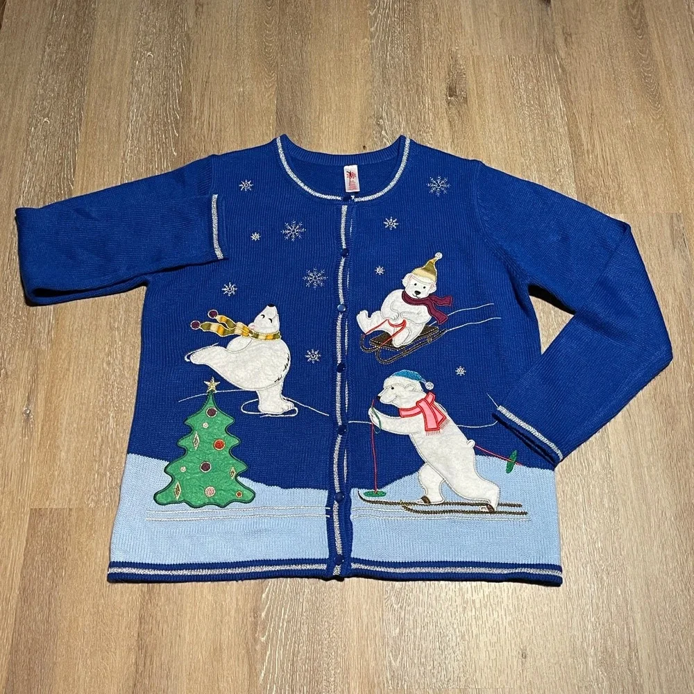 Vintage‎ Winter Scene Polar Bear Ugly Christmas Cardigan Sweater L Large EUC